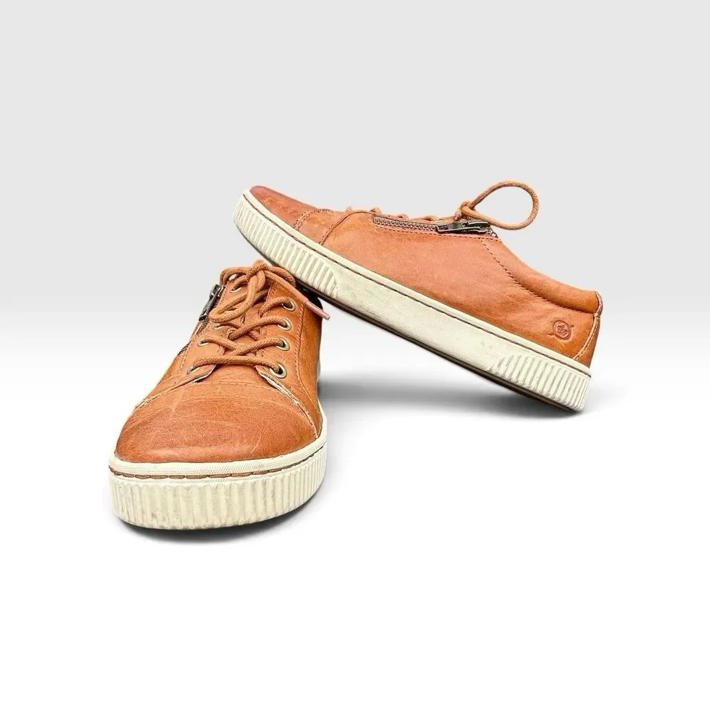 BORN Womens 7M Brown Cognac Leather Sneakers Lace Up Side Zip Comfort Shoes